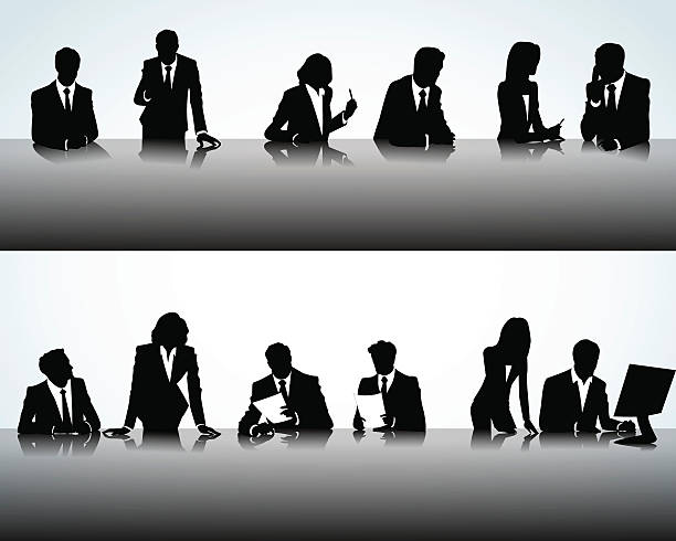 Two rows of black silhouettes of office people working Set of business people silhouettes on the office background presentation speech silhouettes stock illustrations