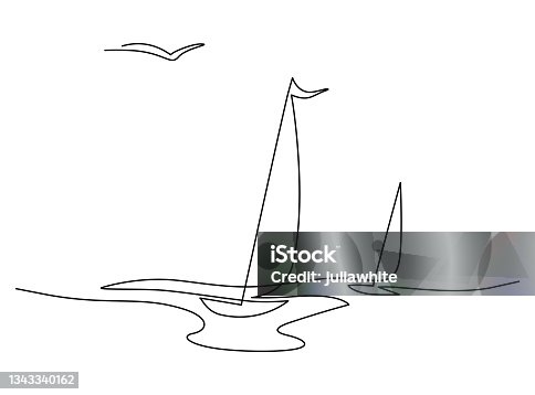 istock Two sailboats on sea waves. Seagull in the sky. Draw one continuous line. Vector illustration. Isolated on white background 1343340162