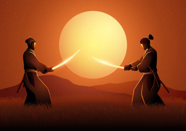 Two Samurai in duel stance facing each other on grass field Vector illustration of two Samurai in duel stance facing each other on grass field during full moon bushido lifestyle stock illustrations