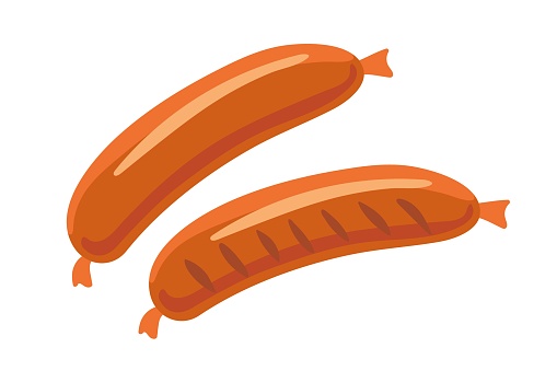 Two sausages. Overhead view of isolated fried Grilled sausages on white background. Flat design style for menu, cafe, restaurant, poster, banner, emblem, sticker.