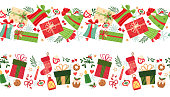 Two seamless patterns with Christmas gifts and elements. Vector patterns.