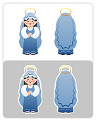 Two Sided Nativity icon and sticker of the Virgin Mary. Cute cartoon character. Vector illustration without transparency.