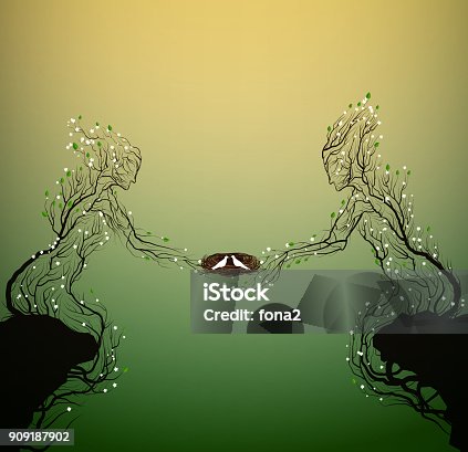 istock two spring tree silhouettes looks like man and woman and holding the nest with white pigeeons, family concept, 909187902