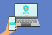 istock Two Steps Authentication. Hand Holding Smartphone With Verification Code Message On Screen. Laptop With Open Padlock Symbol And Log In Screen. 1370628574