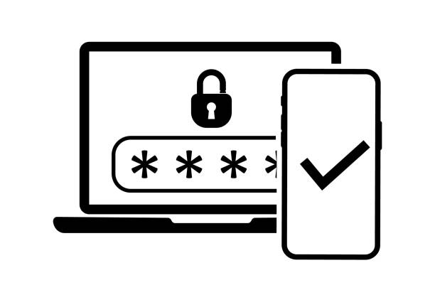 Two steps authentication icon. Verification or sms with push code message confirmation for account login. Multi-factor authentication design verification code message. Phone and laptop password secure Two steps authentication icon. Verification or sms with push code message confirmation for account login. Multi-factor authentication design verification code message. Phone and laptop password secure authentication stock illustrations