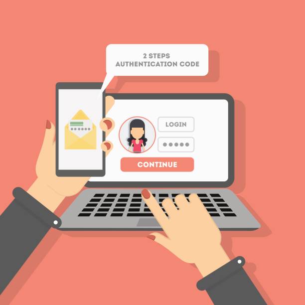 Two steps authentication on computer. Two steps authentication on computer. Login and password. Verification with sms on smartphone. Woman. typing on laptop stock illustrations