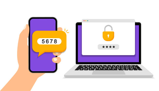 Two steps authentication. Verification code message on smartphone. Notice with code for secure login or sign in. Two factor verification via laptop and phone. Vector illustration. Two steps authentication. Verification code message on smartphone. Notice with code for secure login or sign in. Two factor verification via laptop and phone. Vector illustration. authentication stock illustrations