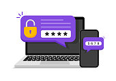 istock Two steps authentication. Verification code message on smartphone. Notice with code for secure login or sign in. Two factor verification via laptop and phone. Vector illustration. 1311125874