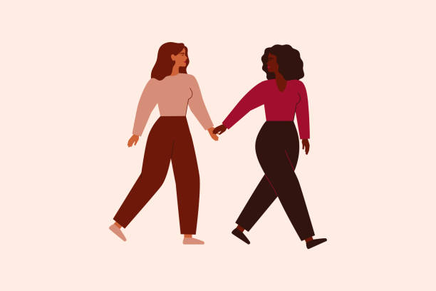 兩個強壯的女性走到一起，握住手臂。黑人婦女支持並帶領她的朋友前進。友誼、女權主義運動和姐妹觀念。 - 同性情侶 插圖 幅插畫檔、美工圖案、卡通及圖標