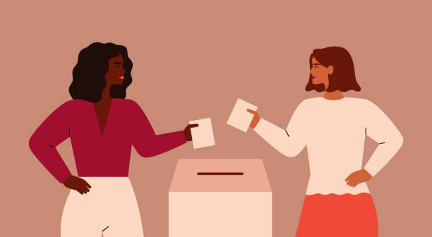 Two Strong girls are putting paper ballot in box. Two Strong girls are putting paper ballot in box. Women activists are calling for votes. Voting and Election concept. Pre-election campaign. election stock illustrations