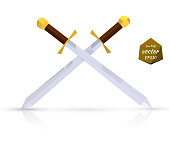 Two swords on a light background with reflection. Low poly style. Vector illustration.