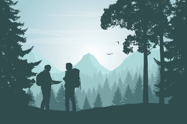 illustrations, cliparts, dessins animés et icônes de deux touristes parcourant une montagne paysage avec une forêt à la recherche d’un chemin dans la carte sous un ciel matinal avec dawn - vector - marcher foret