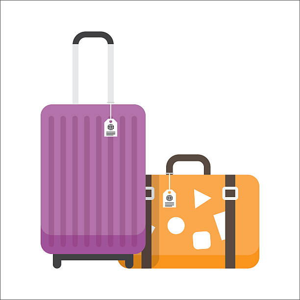 Two travel suitcases with tags and stickers. Two travel suitcases with tags and stickers. Flat vector illustration isolated on a white background luggage stock illustrations
