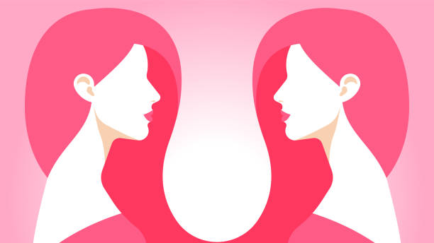 Two twins look at each other. Identical women with long pink hair. Female portraits, side view, head and shoulder. The concept of identity, similarity, reflection. Abstract vector illustration. twins stock illustrations