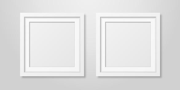 Two Vector Realistic Modern Interior White Blank Square Wooden Poster Picture Frame Mock-up Set Closeup on White Wall. Empty Poster Frames Design Template for Mockup, Presentation, Image or text