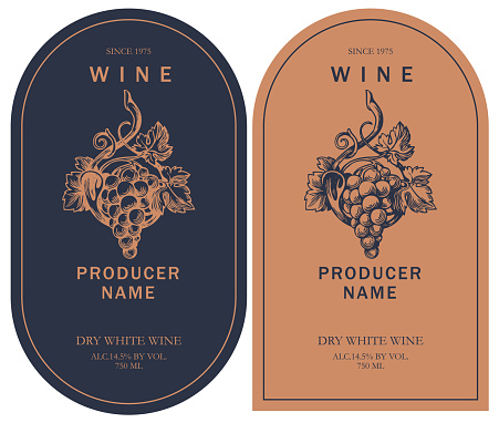 two wine labels with hand-drawn bunch of grapes