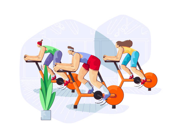 Two Women and One Man are Riding on Exercise Bikes Stationary Cycling Class Group of People is Training in Exercise Bikes Stationary Cycling Class in Fitness Club peloton stock illustrations