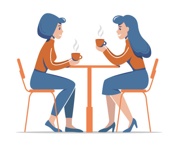 Two women are sitting and talking in cafe. Vector illustration. Two women are sitting and talking in cafe. Vector illustration. two women stock illustrations