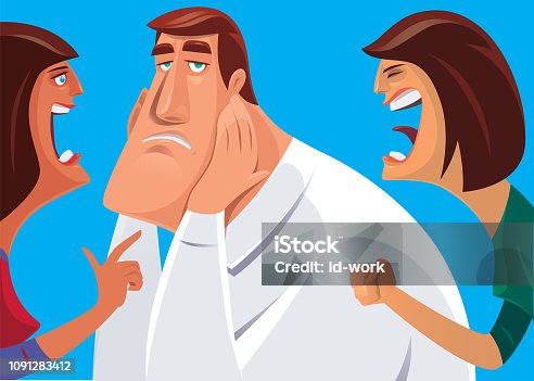 istock two women blaming and pointing sad man 1091283412