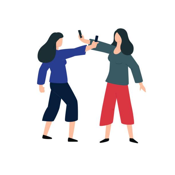 ilustrações de stock, clip art, desenhos animados e ícones de two women shoot each other on the phone. vector. conflict between two ladies. duel on smartphones. collection of video evidence. two videos are made by bloggers. - smartphone filming