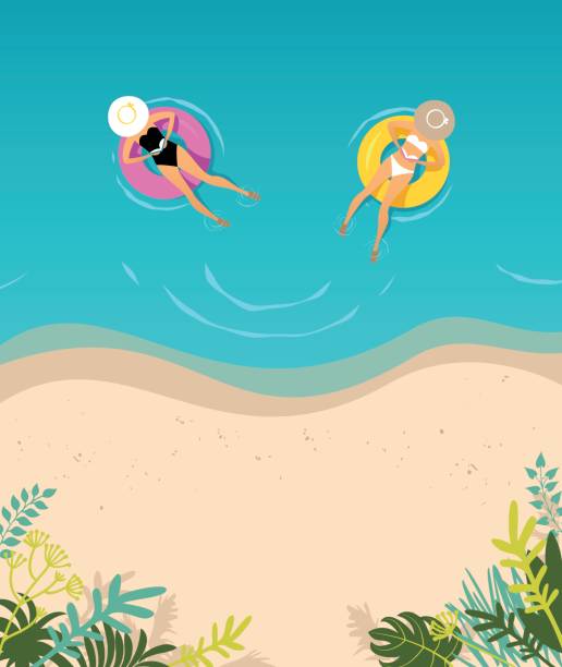 Two women swimming on the inflatable ring Young woman reading books and swimming on the inflatable ring in the sea. two women stock illustrations