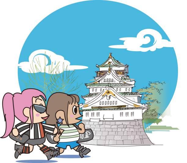 ilustrações de stock, clip art, desenhos animados e ícones de two women walking with the osaka castle - osaka