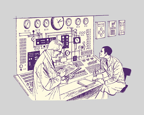 Two working scientist with complicated computer