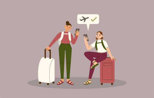 Two Young Adult Friends Check Into Fight Online Using Smartphones Two happy mixed race female friends check into their flight via their mobile smartphone with baggage, backpacks and suitcases. international student stock illustrations