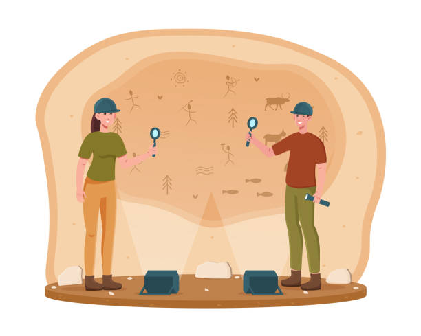 zwei junge archäologen entdecken höhlenmalereien - archäologe stock-grafiken, -clipart, -cartoons und -symbole