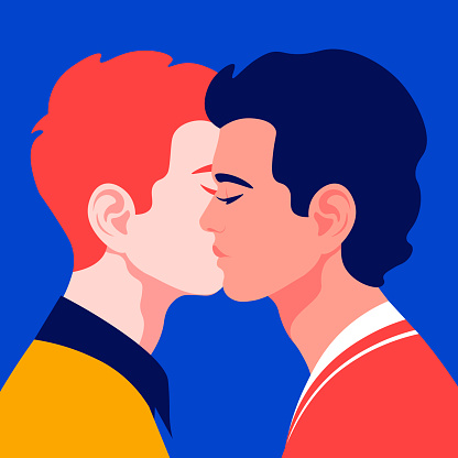 Two young men in profile. Homosexual couple in profile. LGBT.