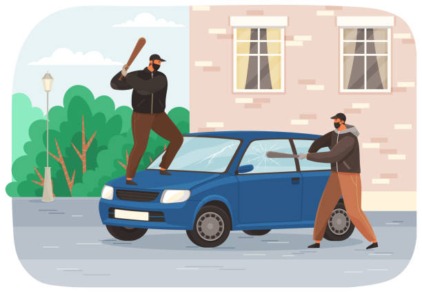 Two young vandals destroy the car. Bandits characters in masks spoil other people s property A vandal damaged a car on the city street. A man in a mask and a hood destroys automobile. Bandits smash windows with a baseball bat in a minicar in a city parking lot. Aggressive people criminals ski mask criminal stock illustrations