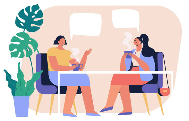 ilustrações de stock, clip art, desenhos animados e ícones de two young women drinking tea or coffee and talking in a café. - eye contact