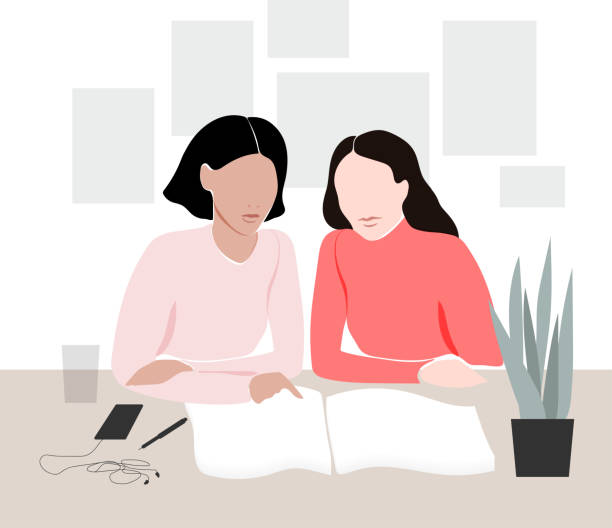 Two young women sitting at table and studying together. Modern design, soft colors. Vector illustration of two young women sitting at the table and studying together. Student's life concept two women stock illustrations