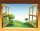 A window opening unto a spring landscape.All elements are individual objects arranged on clearly labeled layers, used only gradient, global colors used. Hi res jpeg included. Click on view portfolio to see more of my illustrations.