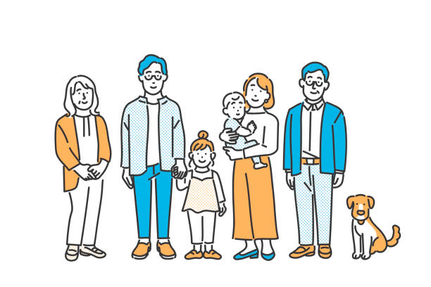 illustrations, cliparts, dessins animés et icônes de famille à deux familles avec le sourire - enfant famille calin