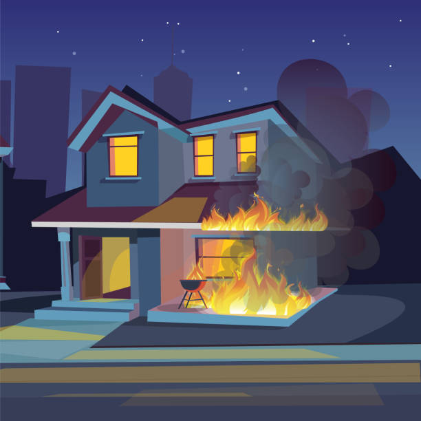 Two-storey house on fire vector illustration Two-storey house on fire vector illustration. Burning building at night. Fire insurance, dangerous flame accident. Property protection. Fire caused by carelessness. house fire stock illustrations