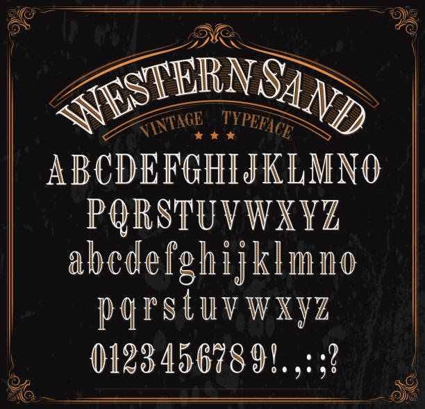 Typeface, western font alphabet, numbers and signs Western font letters. Vector vintage typeface in retro vignette frame. English ABC, uppercase and lowercase alphabet, numbers and punctuation marks, signs, special symbols. Wild west letters design alphabet borders stock illustrations
