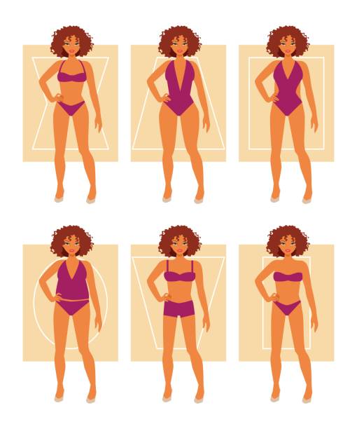 Types of female figures The female body types - hourglass, pear, square, rectangle, triangle, oval. Suitable swimwear for every figure type. Vector illustration cartoon of fat lady in swimsuit stock illustrations