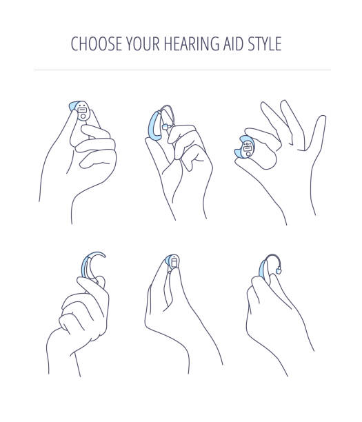 rodzaje aparatów słuchowych dla osób niedosłyszących i niesłyszących. ręce trzymają różne technologie aparatów słuchowych. - hearing aids stock illustrations