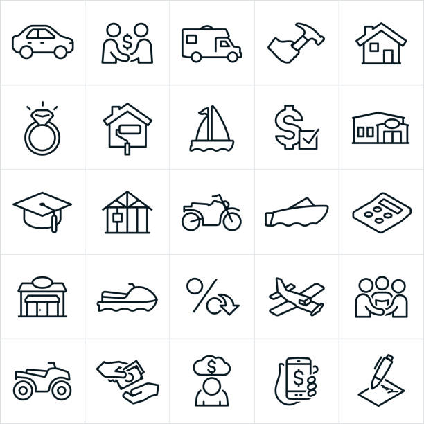Types of Loans Icons An icon set illustrating several different types of loans. the icons include a car, RV, home improvement, home repair, house, wedding ring, sail boat, motor boat, loan approval, financial institution, bank, education, new construction, motorcycle, business, watercraft, interest rate, airplane, wedding, ATV, money, cash, deb, and contract to name a few. car loan stock illustrations