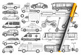 Types of vehicles doodle set. Collection of hand drawn cars buses scooters police car trucks trolleybus moped isolated on transparent background. Illustration of transport modes and car kinds on road