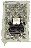 Typewriter against a city background vector illustration