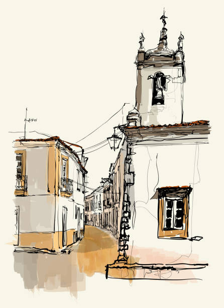 ilustrações de stock, clip art, desenhos animados e ícones de typical narrow street in a village of  alentejo region, portugal - alentejo