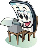 A vector image of  a cartoon phone or music player typing a letter.