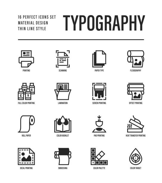 Typography, polygraphy thin line icons set. Printing, scanning, flexography, offset, roll paper, color palette, lamination, heat transfer printing, embossing. Vector illustration. Typography, polygraphy thin line icons set. Printing, scanning, flexography, offset, roll paper, color palette, lamination, heat transfer printing, embossing. Vector illustration. printing press stock illustrations