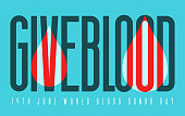 Typography poster for blood donation day with overlay blood drop on blue background. Vector illustration. Lifesaving and Hospital Assistance concept.