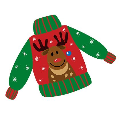 Ugly Christmas sweater with deer. Isolated vector.