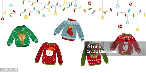 istock Ugly sweater banner. Celebrating, christmas sweaters and garlands. Happy new year, winter holiday poster. Warm jumper recent vector elements 1338034007