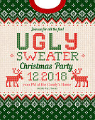 Ugly sweater Christmas party invite. Vector illustration Handmade knitted background pattern with deers and snowflakes, scandinavian ornaments. White, red, green colors. Flat style
