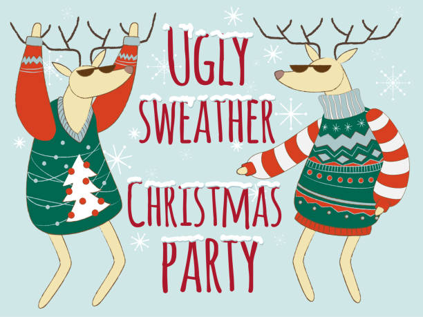 Ugly sweather christmas party illustration, Christmas sweater two deers dressed up in funny Christmas sweater, illustration ugliness stock illustrations